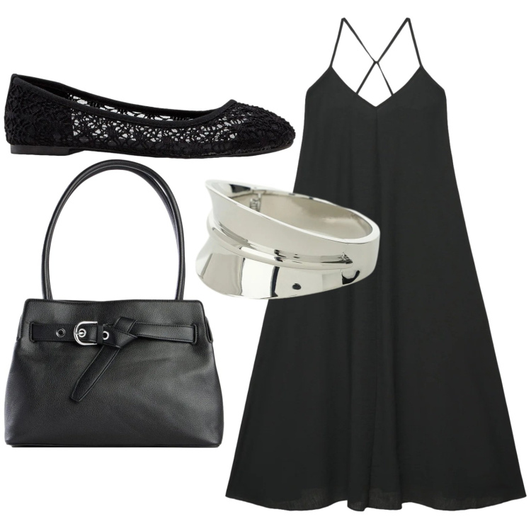 Outfit donna - Eleganza notturna. Stile Basic per Serata fuori. Abbinamento con ballerine, borse a mano, vestiti lunghi, braccialetti.