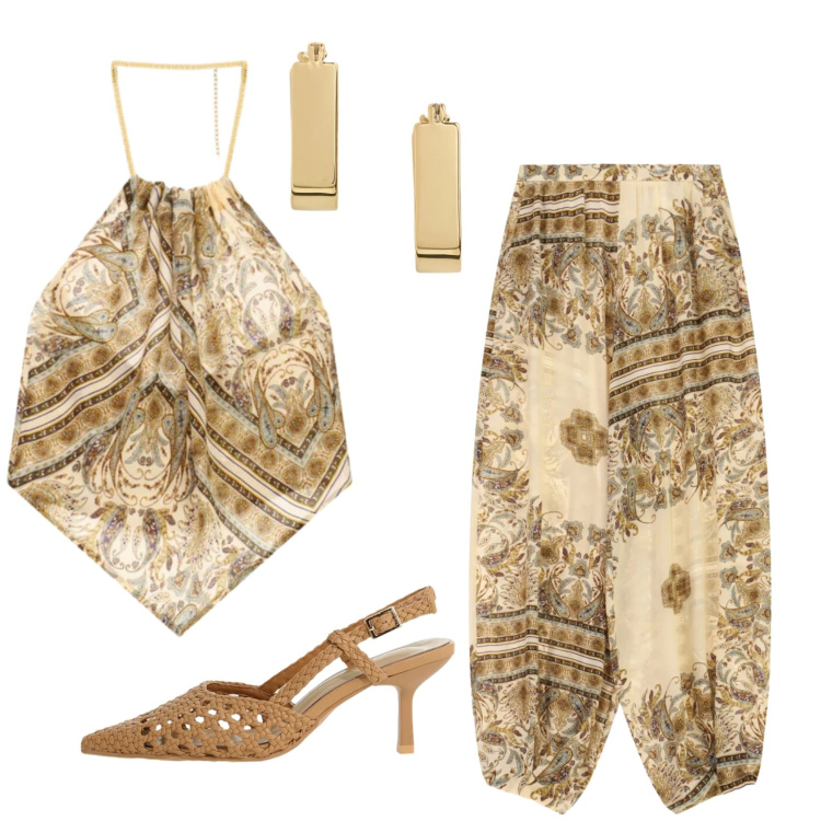 Outfit donna - Total look #2423223. Stile Trendy per Cerimonia. Abbinamento con décolleté, top, pantaloni, orecchini.