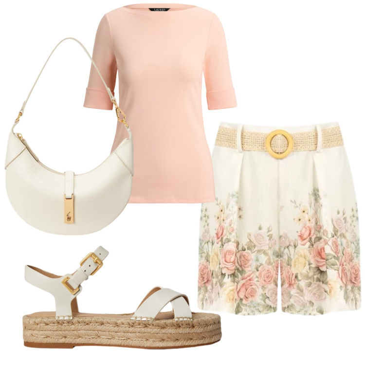 Outfit donna - Total look #2423244. Stile Romantica per Ufficio. Abbinamento con shorts, borse a spalla, espadrillas, t-shirt.