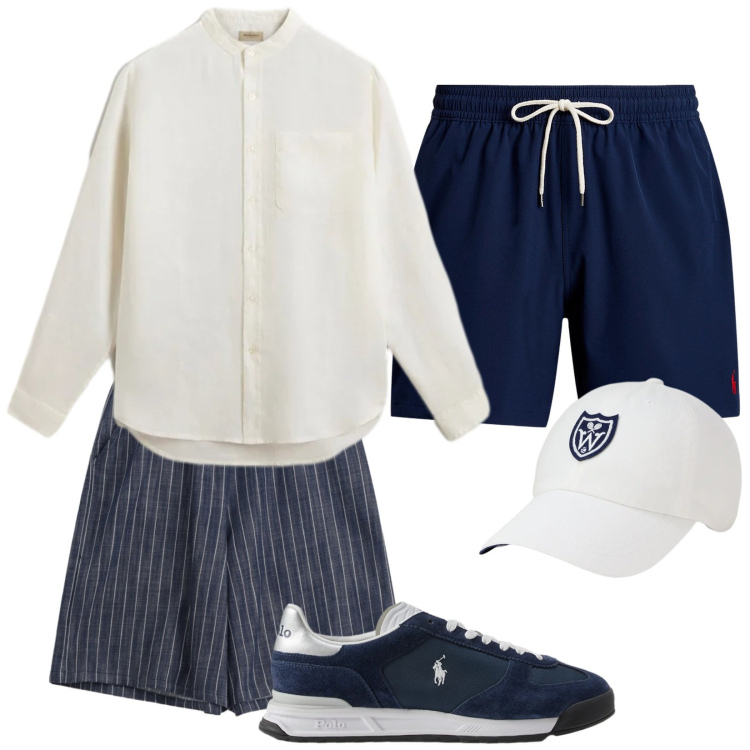 Outfit uomo - Total look #2423247. Stile Trendy per Mare. Abbinamento con bermuda, camicie, costumi, cappelli con visiera, sneakers.