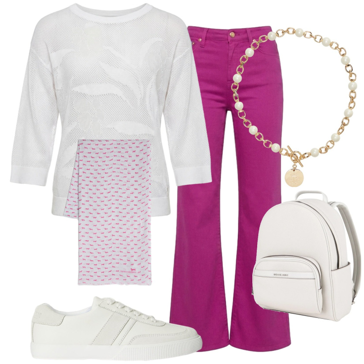 Outfit donna - Total look #2423248. Stile Casual per Tutti i giorni. Abbinamento con zaini, maglieria, sciarpe, pantaloni, collane, sneakers.