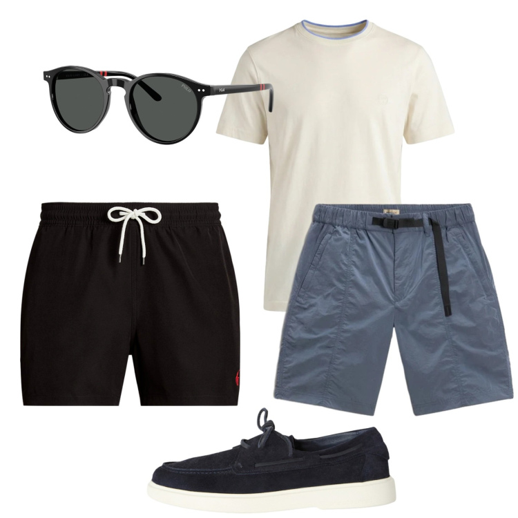 Outfit uomo - Total look #2423250. Stile Trendy per Mare. Abbinamento con scarpe stringate, t-shirt, pantaloni corti, costumi, occhiali da sole.