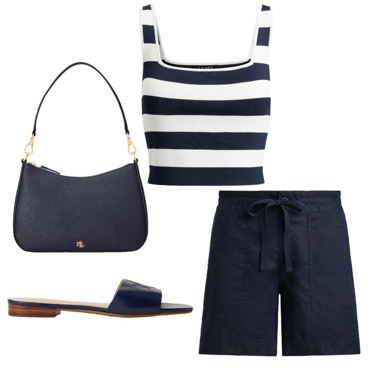 Outfit donna - Total look #2423251. Stile Bon Ton per Mare. Abbinamento con ciabatte, borse a spalla, top, shorts.