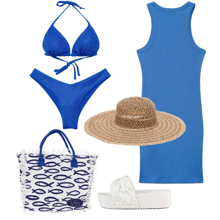 Outfit donna - Blu come il mare. Stile Trendy per Mare. Abbinamento con vestiti senza maniche, bikini, bikini, ciabatte, cappelli, shopping bag.