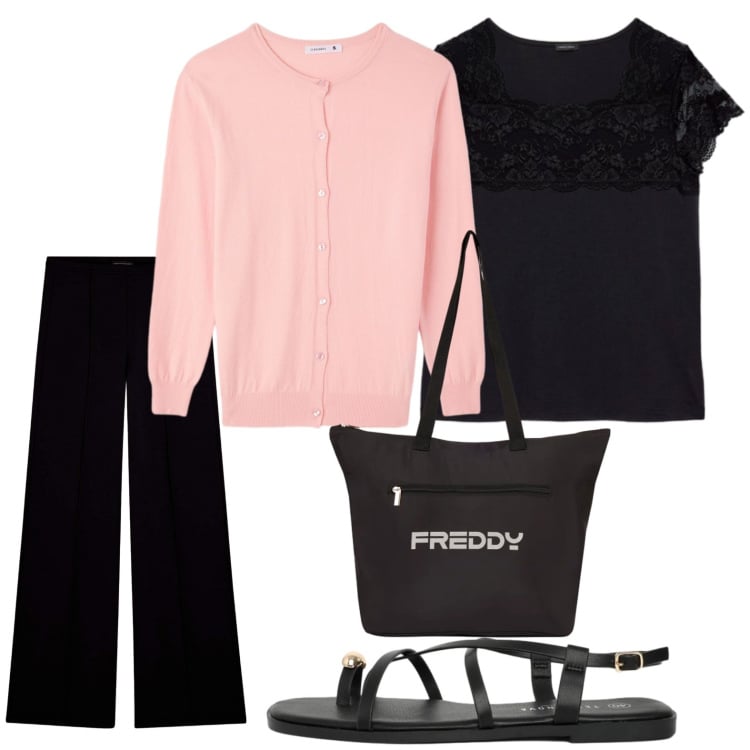 Outfit donna - Touch pink. Stile Bon Ton per Tutti i giorni. Abbinamento con sandali, cardigans, pantaloni sportivi, shopping bag, bluse.