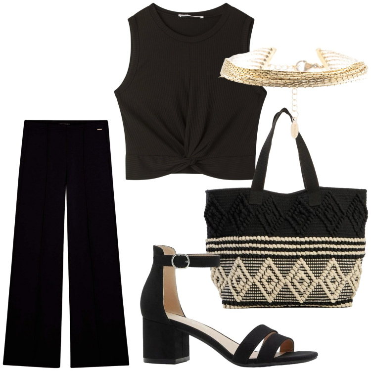 Outfit donna - Stile formale. Stile Trendy per Tutti i giorni. Abbinamento con sandali col tacco, shopping bag, top, braccialetti, pantaloni sportivi.