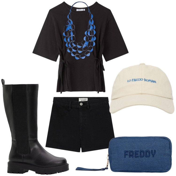 Outfit donna - Stile rock. Stile Casual per Tutti i giorni. Abbinamento con stivali, shorts, cappelli con visiera, t-shirt, pochette, collane.