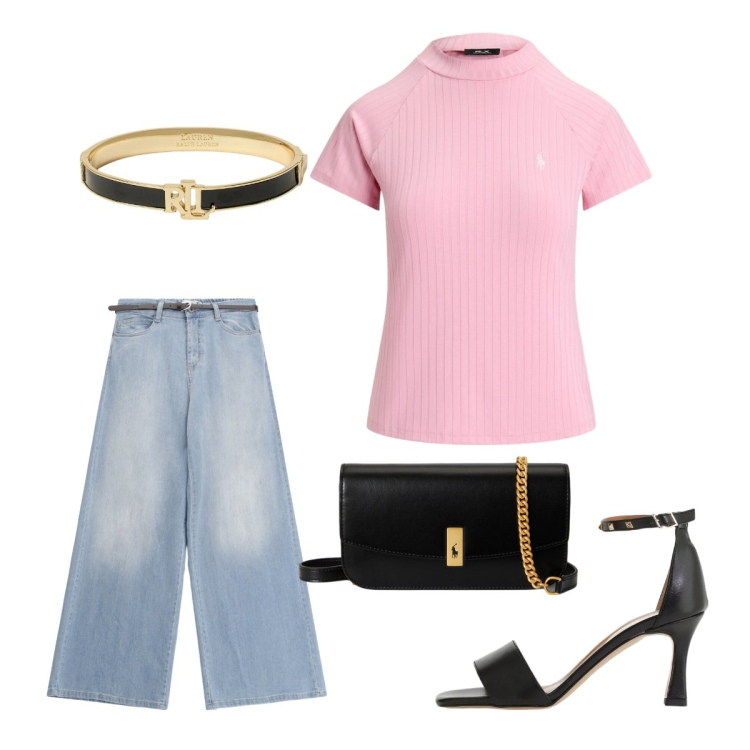 Outfit donna - Cool style. Stile Casual chic per Serata fuori. Abbinamento con sandali col tacco, jeans, clutch, braccialetti, t-shirt.