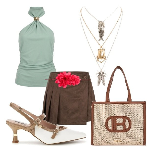 Outfit donna - Nuna Lie leggerezza. Stile Glamour per Tutti i giorni. Abbinamento con minigonne, ciondoli, top, cinture, décolleté, borse a spalla.