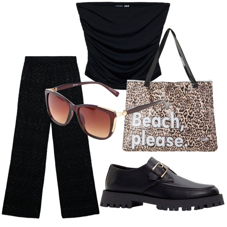 Outfit donna - Casual minimal. Stile Casual per Tutti i giorni. Abbinamento con mocassini, occhiali da sole, borse tote, pantaloni, top.
