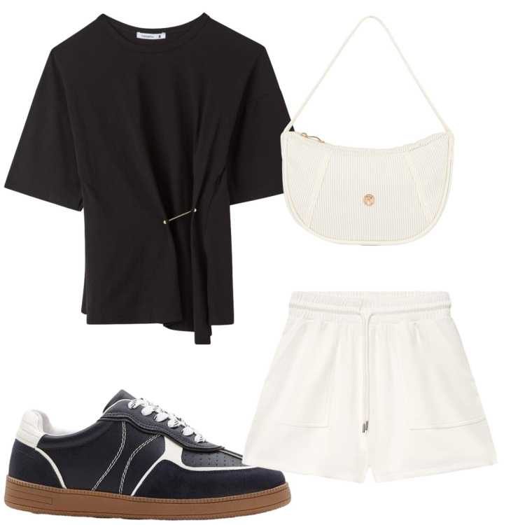 Outfit donna - Pomeriggio casual. Stile Casual per Tutti i giorni. Abbinamento con sneakers, bermuda, t-shirt, borse a mano.