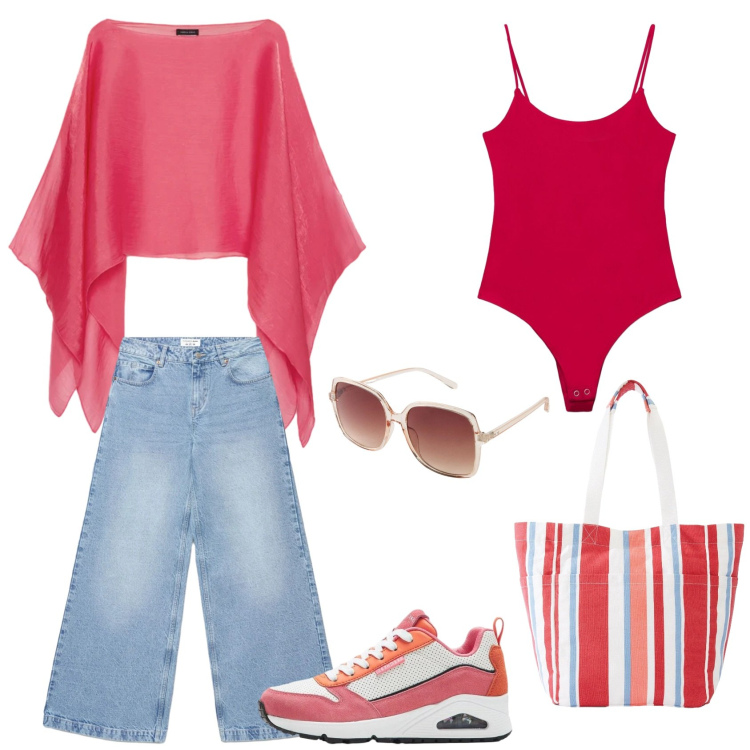 Outfit donna - Ragazza jolie. Abbinamento con occhiali da sole, shopping bag, sneakers, top, jeans, blazer.