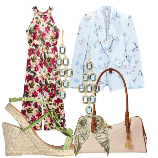Outfit donna - Stampe tropicali. Stile Glamour per Tutti i giorni. Abbinamento con espadrillas, tute, blazer, borse a mano, foulard, orecchini.