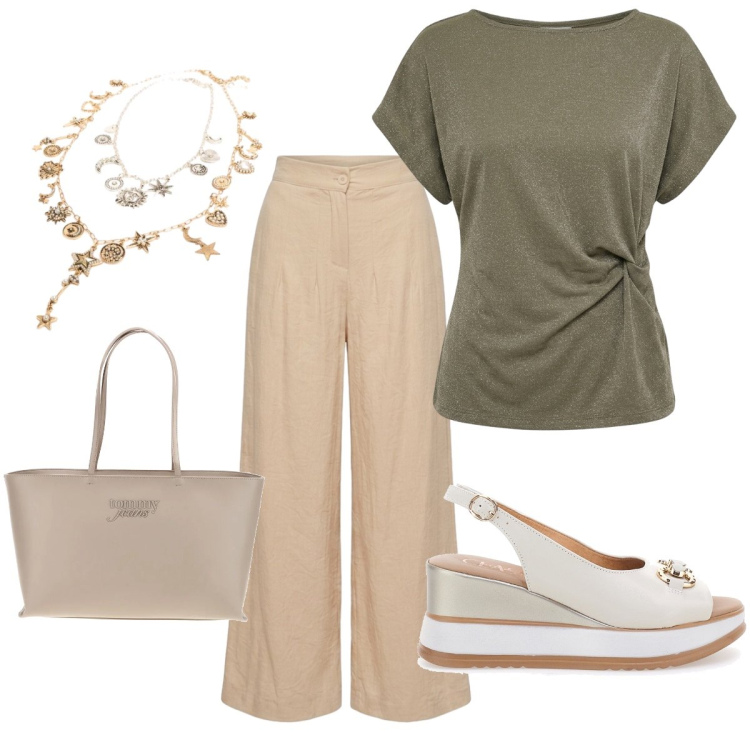 Outfit donna - L’estate in ufficio. Stile Basic per Ufficio. Abbinamento con pantaloni a palazzo, t-shirt, ciondoli, sandali in pelle, borse a spalla.