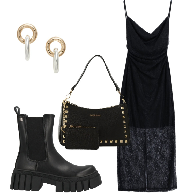 Outfit donna - Notte con gli anfibi. Stile Rock per Serata fuori. Abbinamento con stivaletti, borse a spalla, vestiti midi/longuette, orecchini.
