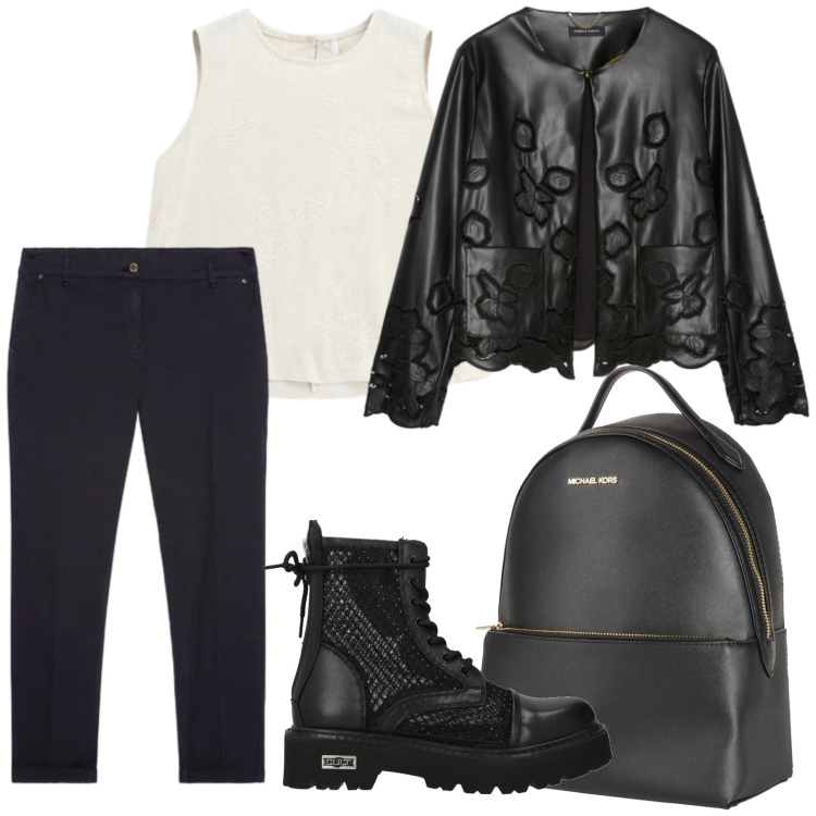 Outfit donna - Minimal style. Stile Minimal per Serata fuori. Abbinamento con zaini, anfibi, canottiere, blazer, pantaloni chino.