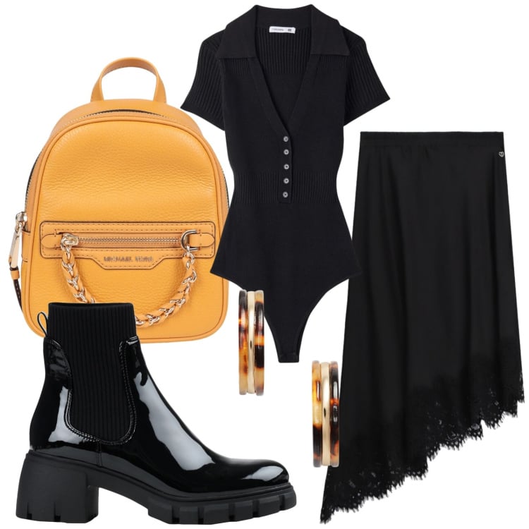 Outfit donna - Zaino yellow. Stile Rock per Serata fuori. Abbinamento con zaini, stivaletti, t-shirt, gonne longuette, orecchini.