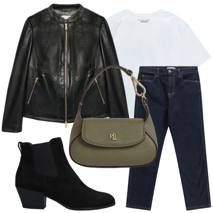 Outfit donna - Jeans alternativi. Stile Rock per Serata fuori. Abbinamento con stivaletti chelsea, t-shirt, jeans slim fit, blazer, borse a mano.