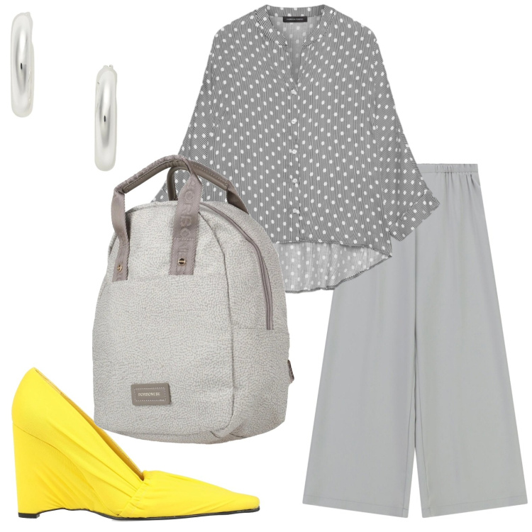 Outfit donna - L\'accessorio solare. Stile Chic per Ufficio. Abbinamento con zaini, décolleté, pantaloni a palazzo, camicie, orecchini.