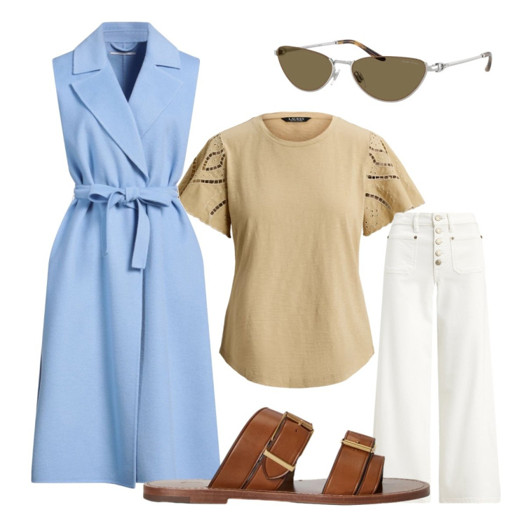 Outfit donna - Giugno. Stile Casual chic per Tutti i giorni. Abbinamento con cappotti, jeans, sandali in pelle, t-shirt, occhiali da sole.
