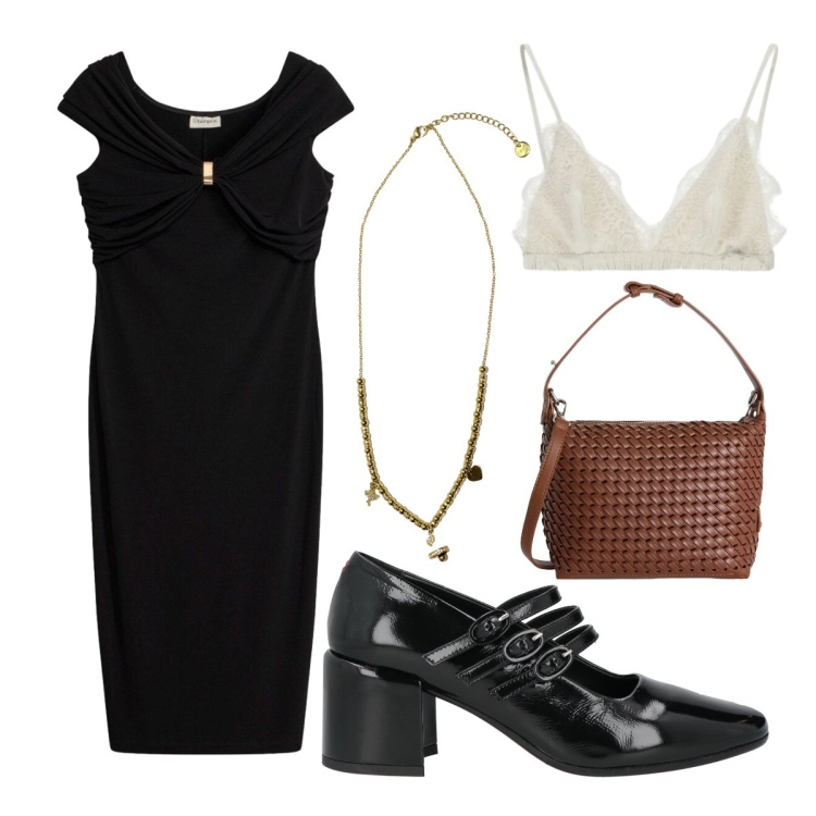 Outfit donna - Giugno. Stile Chic per Serata fuori. Abbinamento con décolleté, vestiti corti, borse a spalla, reggiseni, ciondoli.