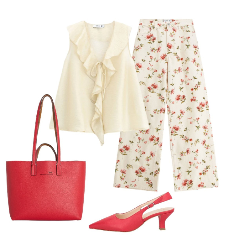 Outfit donna - Accessori rossi. Stile Glamour per Tutti i giorni. Abbinamento con décolleté, shopping bag, pantaloni a palazzo, top.
