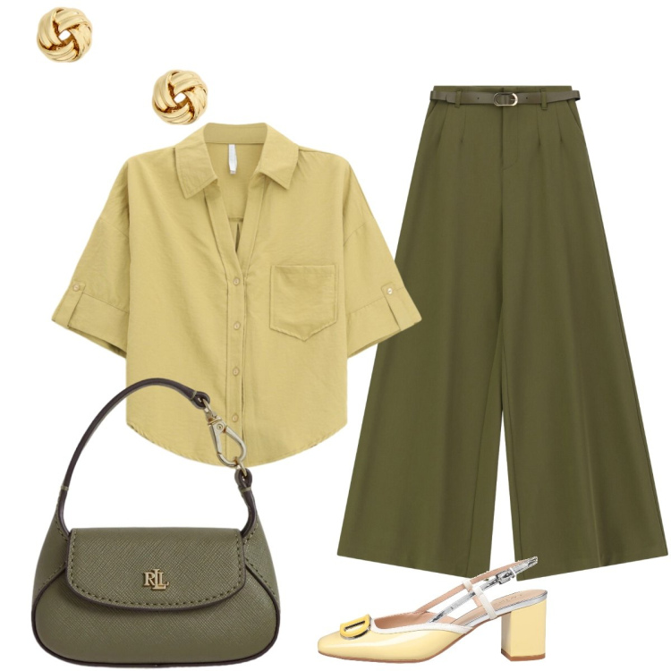 Outfit donna - In ufficio. Stile Minimal per Ufficio. Abbinamento con décolleté, pantaloni a palazzo, camicie a manica corta, orecchini, borse a mano.