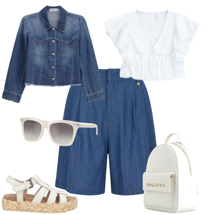 Outfit donna - Sporty chic ogni giorno. Stile Sporty chic per Tutti i giorni. Abbinamento con espadrillas, zaini, top, blazer, bermuda, occhiali da sole.