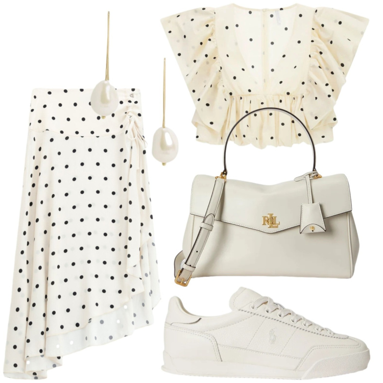 Outfit donna - Oroscopo Il cancro - Maree emotive. Stile Chic per Serata fuori. Abbinamento con top, sneakers, borse a mano, orecchini, gonne lunghe.