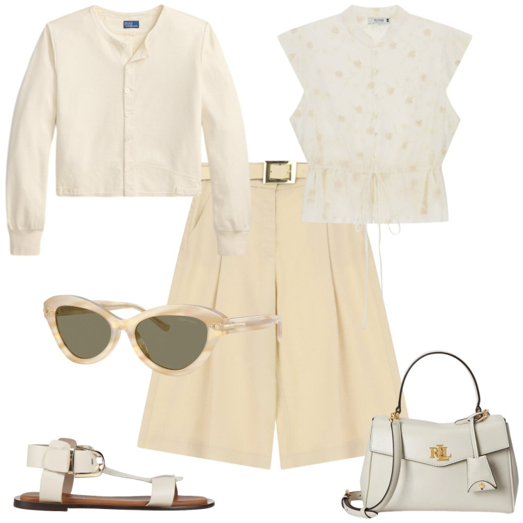 Outfit donna - Casual chic ogni giorno. Stile Casual chic per Tutti i giorni. Abbinamento con sandali alla schiava, bermuda, top, occhiali da sole, borse a mano, cardigans.