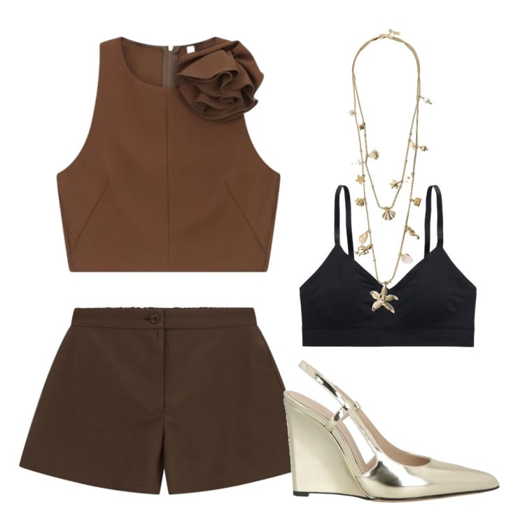 Outfit donna - A cena fuori. Stile Chic per Serata fuori. Abbinamento con décolleté, top, collane, shorts, reggiseni.