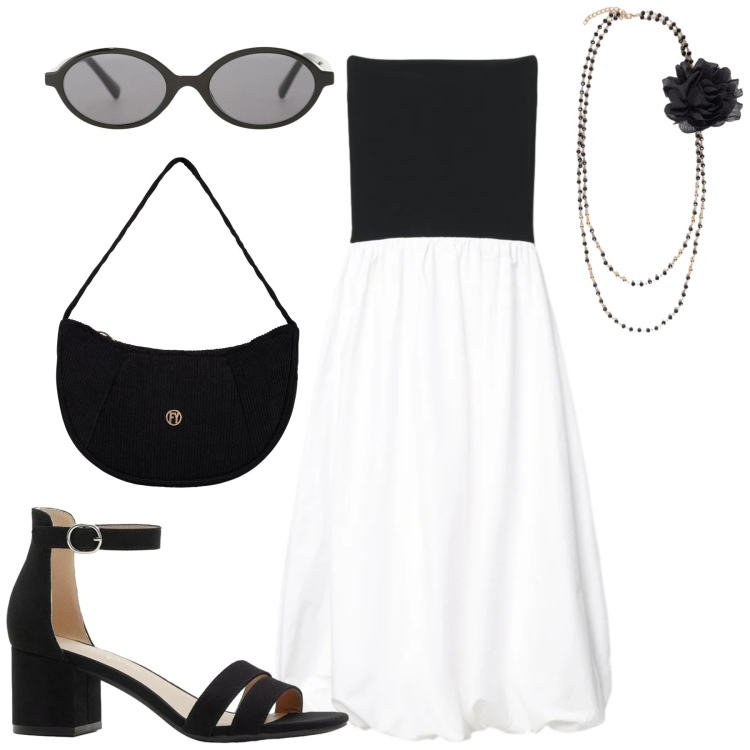 Outfit donna - Giugno. Stile Casual chic per Tutti i giorni. Abbinamento con sandali col tacco, vestiti midi/longuette, occhiali da sole, borse a mano, collane.