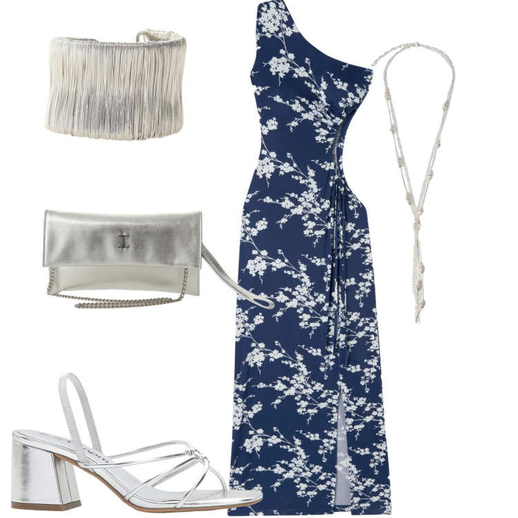 Outfit donna - Serata. Stile Chic per Serata fuori. Abbinamento con sandali col tacco, vestiti asimmetrici, borse a tracolla, braccialetti, collane.