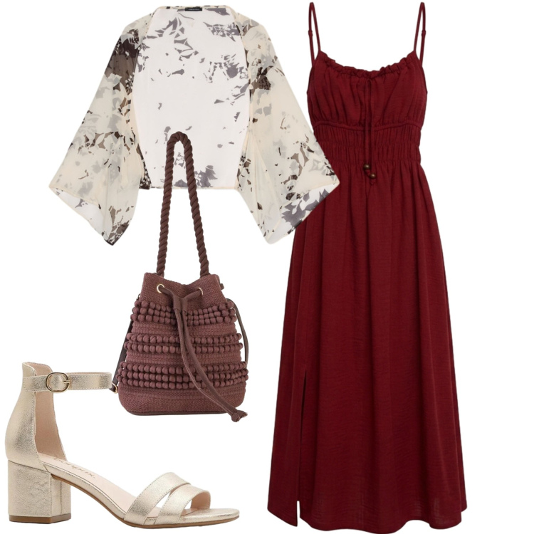 Outfit donna - Serata. Stile Casual chic per Serata fuori. Abbinamento con borse a secchiello, sandali col tacco, vestiti lunghi, bolero.