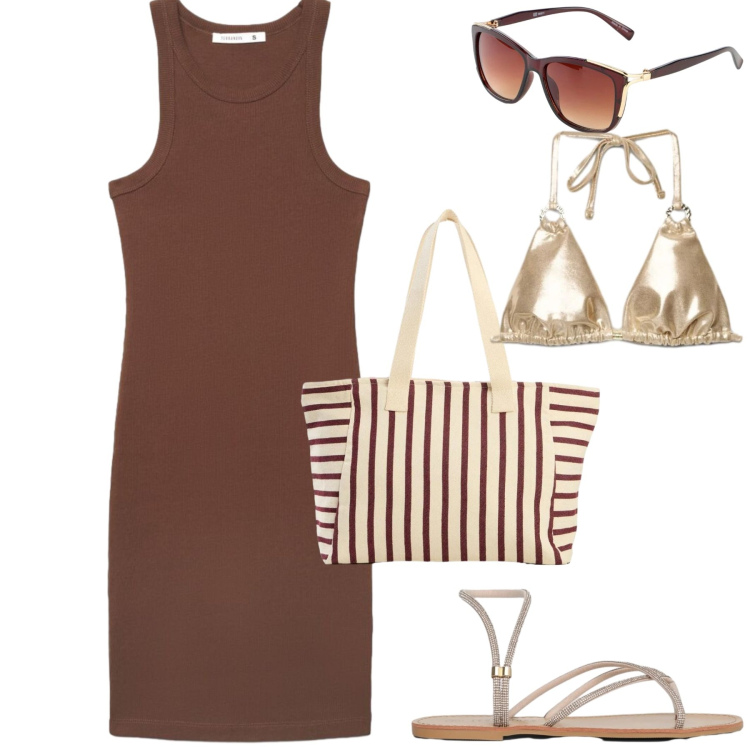 Outfit donna - Al mare. Stile Casual chic per Mare. Abbinamento con occhiali da sole, shopping bag, sandali, bikini, vestiti midi/longuette.