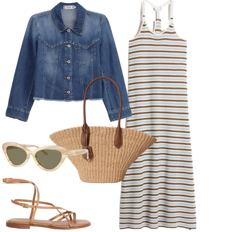 Outfit donna - Mare. Stile Casual chic per Mare. Abbinamento con sandali in pelle, blazer, vestiti lunghi, occhiali da sole, borse tote.