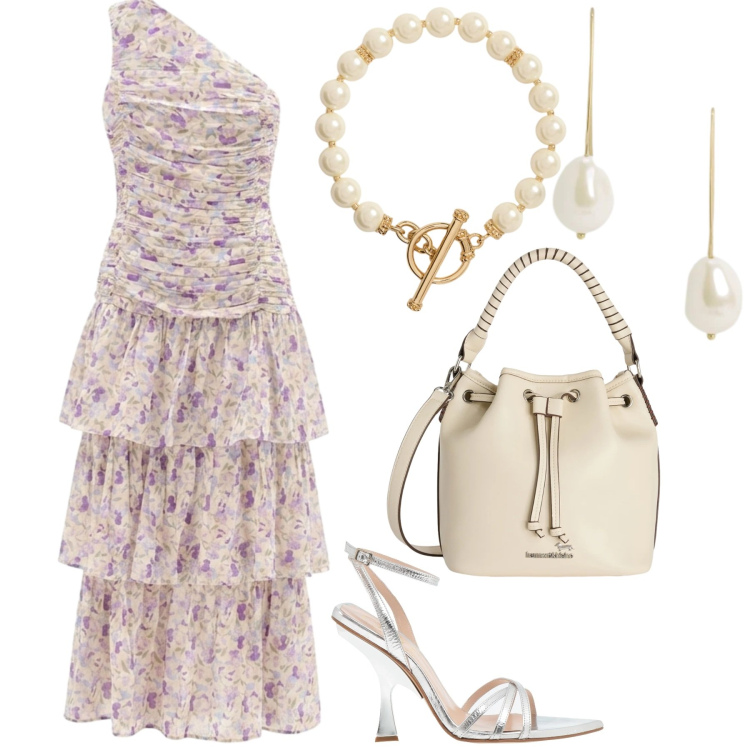 Outfit donna - Abito romantica. Stile Romantica per Serata fuori. Abbinamento con sandali in pelle, borse a secchiello, vestiti lunghi, collane, orecchini.