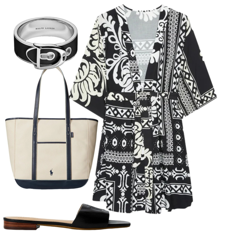 Outfit donna - Al mare. Stile Casual chic per Mare. Abbinamento con caftani, ciabatte, borse tote, anelli.