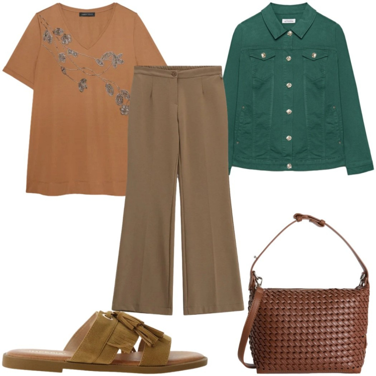 Outfit donna - Total look #2423396. Stile Etnico per Tutti i giorni. Abbinamento con borse a spalla, pantaloni a palazzo, sandali, t-shirt, blazer.