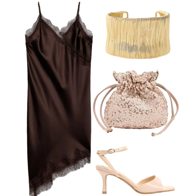 Outfit donna - Serata. Stile Trendy per Serata fuori. Abbinamento con sandali col tacco, vestiti asimmetrici, braccialetti, pochette.