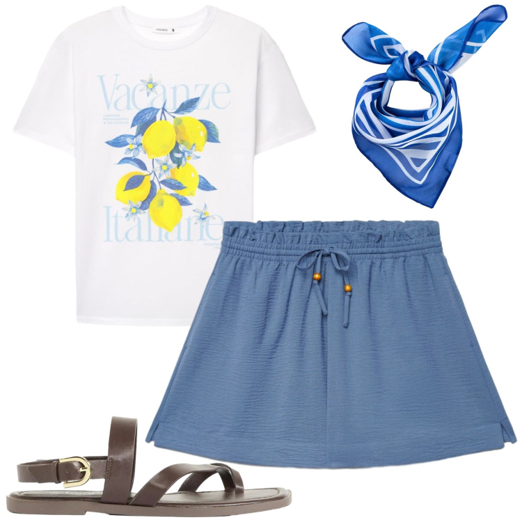 Outfit donna - Total look #2423399. Stile Casual per Tutti i giorni. Abbinamento con foulard, sandali, t-shirt, shorts.