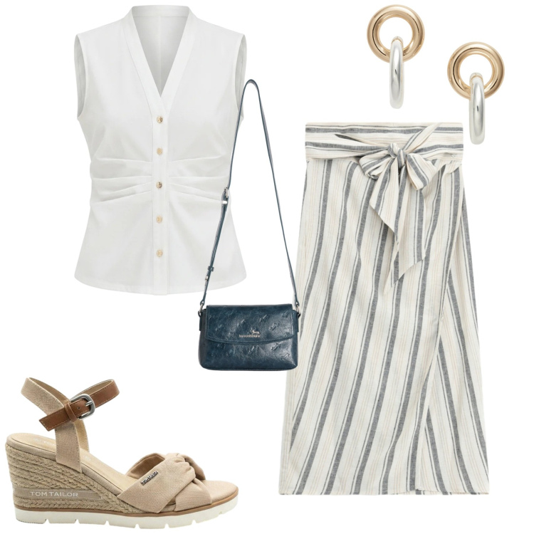 Outfit donna - Total look #2423402. Stile Urban per Tutti i giorni. Abbinamento con sandali col tacco, borse a tracolla, gonne longuette, camicie a manica corta, orecchini.