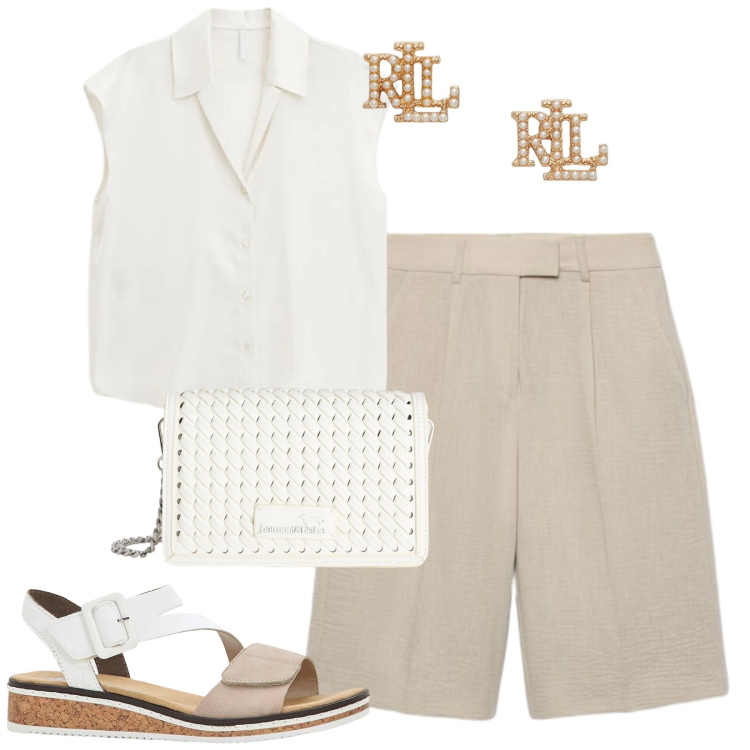 Outfit donna - City. Stile Casual chic per Tutti i giorni. Abbinamento con sandali, bermuda, borse a tracolla, camicie, orecchini.