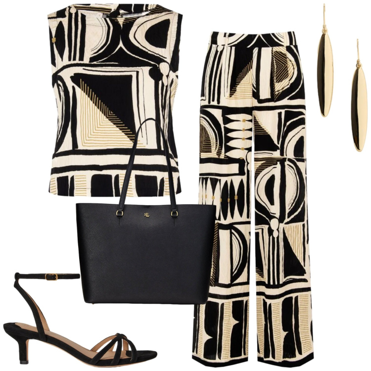 Outfit donna - Rinascimento. Stile Urban per Tutti i giorni. Abbinamento con pantaloni a palazzo, top, borse tote, sandali col tacco, orecchini.