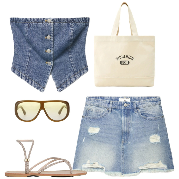 Outfit donna - Giugno. Stile Casual per Tutti i giorni. Abbinamento con sandali, minigonne, top, occhiali da sole, borse tote.