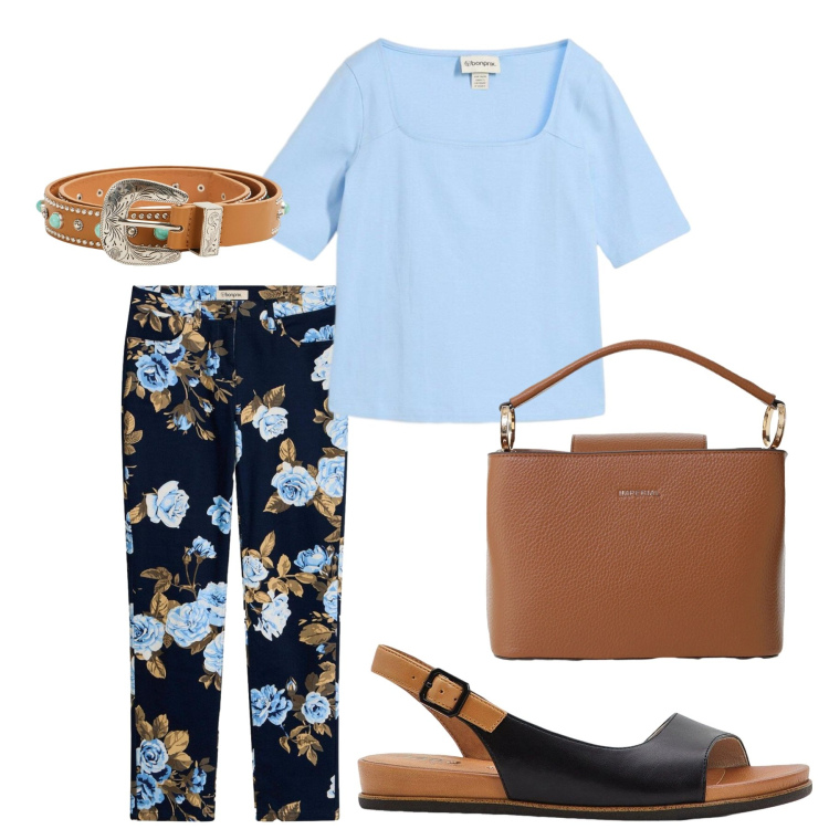 Outfit donna - Total look #2423410. Stile Romantica per Ufficio. Abbinamento con sandali, pantaloni, t-shirt, cinture, borse a secchiello.