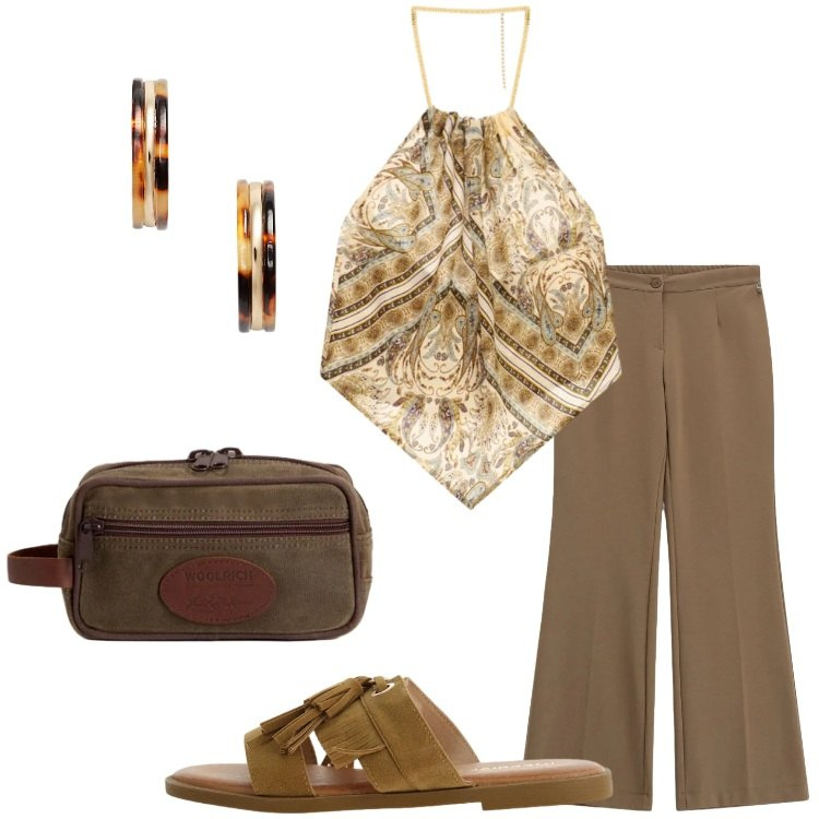 Outfit donna - Aperitivo d’estate. Stile Trendy per Serata fuori. Abbinamento con pantaloni a palazzo, top, sandali, valigie, orecchini.