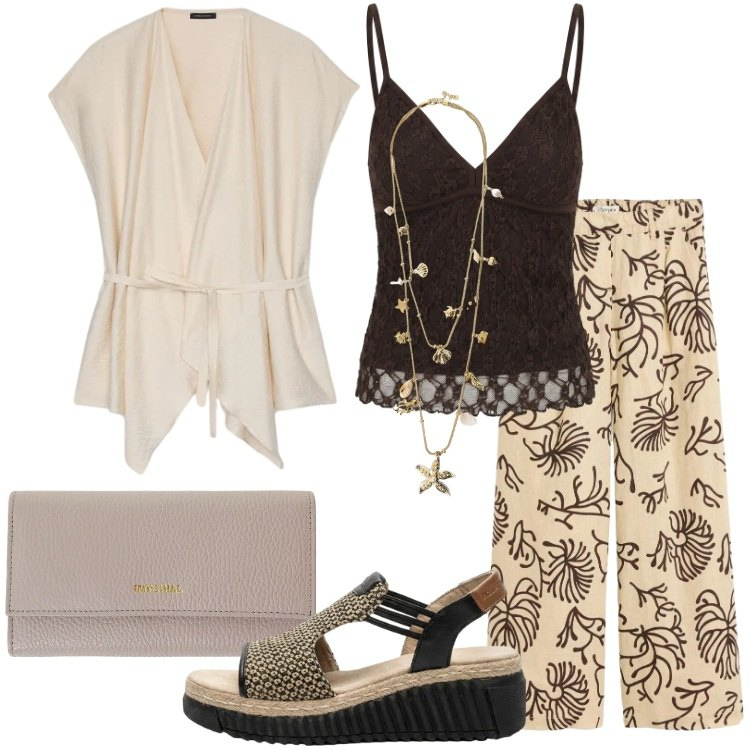 Outfit donna - Estate in stile naturale Donna Curvy. Stile Etnico per Tutti i giorni. Abbinamento con sandali, pantaloni, caftani, canottiere, collane, portafogli.