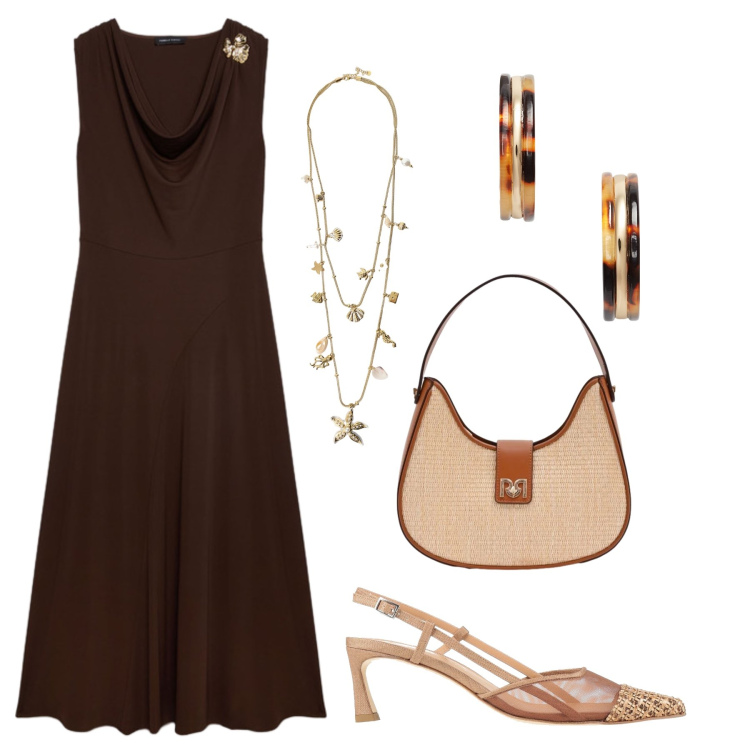 Outfit donna - Serate estive curvy. Stile Chic per Serata fuori. Abbinamento con décolleté, collane, borse a spalla, vestiti lunghi, orecchini.