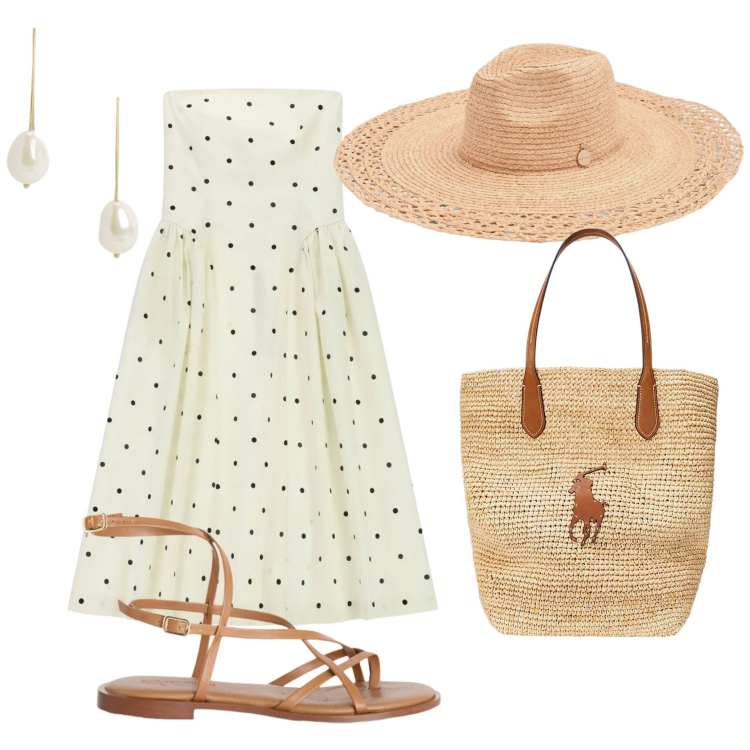 Outfit donna - Una giornata in Costiera. Stile Casual chic per Tutti i giorni. Abbinamento con sandali in pelle, vestiti midi/longuette, cappelli, borse tote, orecchini.
